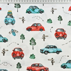 Baumwolle 100% türkis-rote Käfer auf weißem Hintergrund  