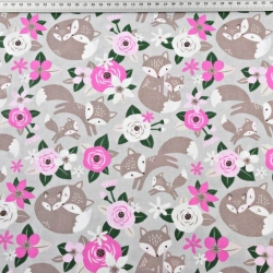 Baumwolle 100% beige Füchse mit rosa Blumen auf grauem Hintergrund