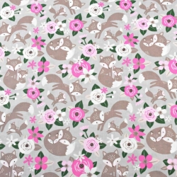 Baumwolle 100% beige Füchse mit rosa Blumen auf grauem Hintergrund