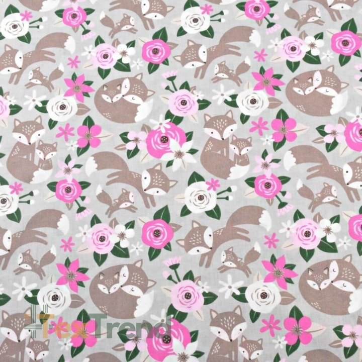 Baumwolle 100% beige Füchse mit rosa Blumen auf grauem Hintergrund