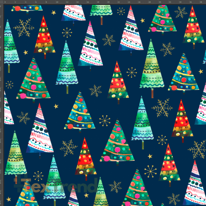 Jersey-Stoff Digitaldruck Weihnachts-Bäume auf dunkelblauem Hintergrund  