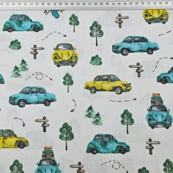 Baumwolle 100% türkis-gelbe Käfer auf grauem Hintergrund  