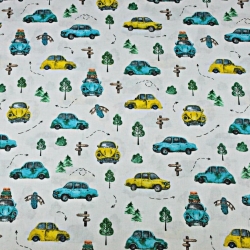 Baumwolle 100% türkis-gelbe Käfer auf grauem Hintergrund  