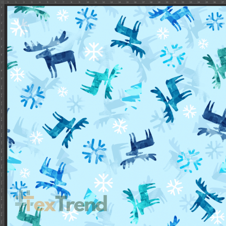 Jersey-Stoff Digitaldruck Weihnachts-Rentiere mit Schneeflocken auf hellblauem Hintergrund  