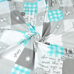 100% Baumwolle - Patchwork Tiere in grau-türkis auf weißem Hintergrund  