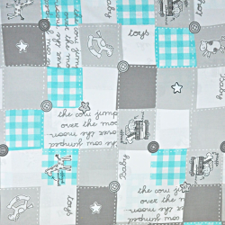 100% Baumwolle - Patchwork Tiere in grau-türkis auf weißem Hintergrund  