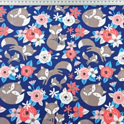 Baumwolle 100% Füchse beige mit rosa Blumen auf dunkelblauem Hintergrund  