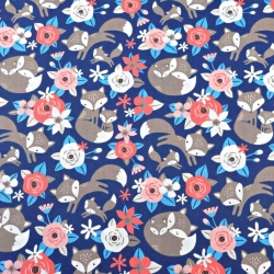 Baumwolle 100% Füchse beige mit rosa Blumen auf dunkelblauem Hintergrund  