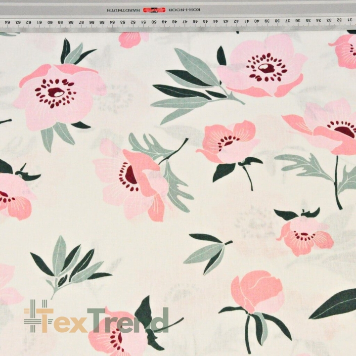 100% Baumwolle rosa Mohnblumen auf ecru Hintergrund  