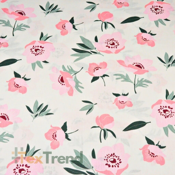 100% Baumwolle rosa Mohnblumen auf ecru Hintergrund  