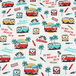 Baumwolle 100% türkis-orange-rote Gurkenautos auf weißem Hintergrund  