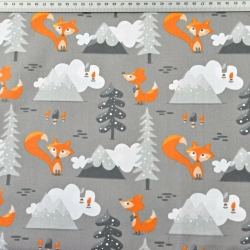 Baumwolle 100% orange Füchse in den Bergen auf grauem Hintergrund  