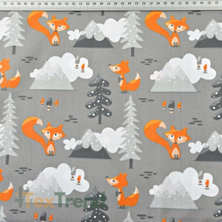 Baumwolle 100% orange Füchse in den Bergen auf grauem Hintergrund  