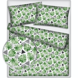 Baumwolle 100% grüne Monstera-Blätter mit grauen Dreiecken auf weißem Hintergrund  