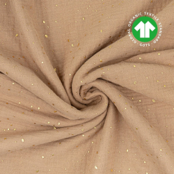 Baumwollmuslin double gauze kakaofarben (Tiger's Eye) mit goldenen Punkten  
