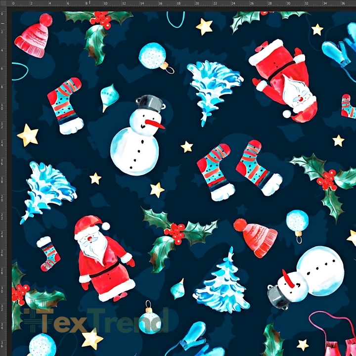 Jersey-Stoff digitaler Druck - weihnachtliche Weihnachtsmänner und Schneemänner auf dunkelblauem Hintergrund  