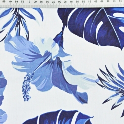 Baumwolle 100% Blätter mit Hibiskusblüte blau auf weißem Hintergrund  