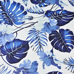 Baumwolle 100% Blätter mit Hibiskusblüte blau auf weißem Hintergrund  