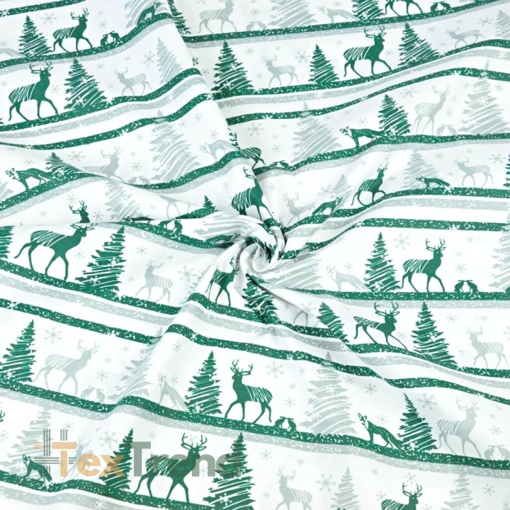 Baumwolle 100% Weihnachtsmuster MINI Rentiere gestreift grün auf weißem Hintergrund  