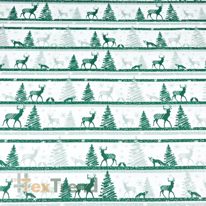 Baumwolle 100% Weihnachtsmuster MINI Rentiere gestreift grün auf weißem Hintergrund  
