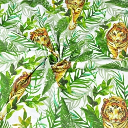Baumwolle 100% Tiger mit Palmblättern auf weißem Hintergrund  