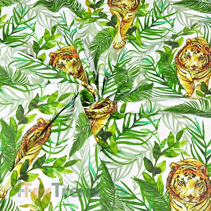 Baumwolle 100% Tiger mit Palmblättern auf weißem Hintergrund  