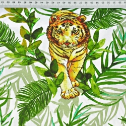 Baumwolle 100% Tiger mit Palmblättern auf weißem Hintergrund  