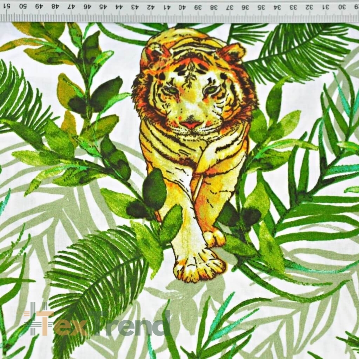 Baumwolle 100% Tiger mit Palmblättern auf weißem Hintergrund  