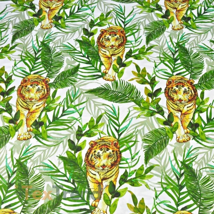 Baumwolle 100% Tiger mit Palmblättern auf weißem Hintergrund  