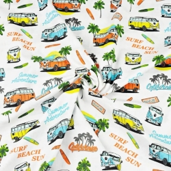 Baumwolle 100% türkis-gelb-orange Gurkenautos auf weißem Hintergrund  