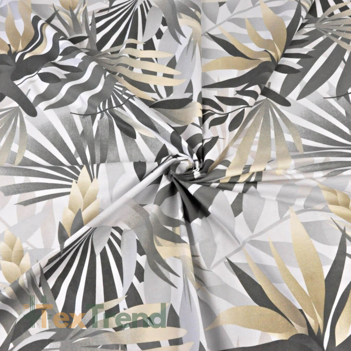 Baumwolle 100% beige-graue Palmblätter auf weißem Hintergrund  