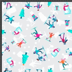 Jersey-Stoff digitaler Druck - weihnachtliche Eisläufer auf grauem Hintergrund  