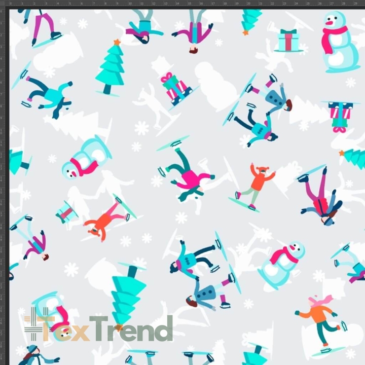 Jersey-Stoff digitaler Druck - weihnachtliche Eisläufer auf grauem Hintergrund  