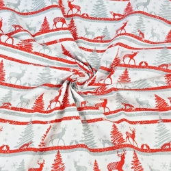 Baumwolle 100% Weihnachtsmuster MINI Rentiere gestreift rot-grau auf weißem Hintergrund  