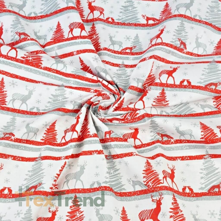 Baumwolle 100% Weihnachtsmuster MINI Rentiere gestreift rot-grau auf weißem Hintergrund  