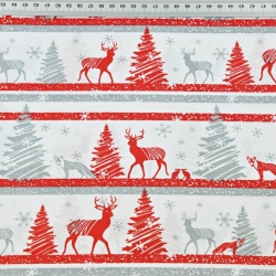 Baumwolle 100% Weihnachtsmuster MINI Rentiere gestreift rot-grau auf weißem Hintergrund  