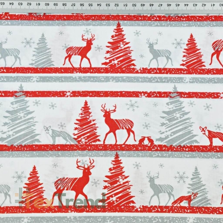 Baumwolle 100% Weihnachtsmuster MINI Rentiere gestreift rot-grau auf weißem Hintergrund  
