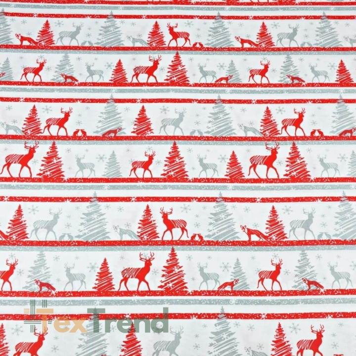 Baumwolle 100% Weihnachtsmuster MINI Rentiere gestreift rot-grau auf weißem Hintergrund  
