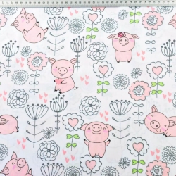 Baumwolle 100% Schweinchen mit Blümchen auf weißem Hintergrund  