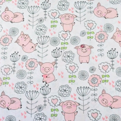 Baumwolle 100% Schweinchen mit Blümchen auf weißem Hintergrund  