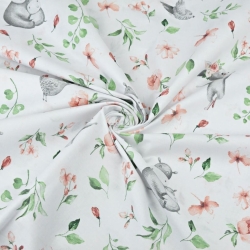 Baumwolle 100% Nilpferde rot-grün mit Vögeln auf einer Wiese auf weißem Hintergrund  