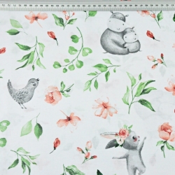 Baumwolle 100% Nilpferde rot-grün mit Vögeln auf einer Wiese auf weißem Hintergrund  