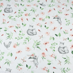 Baumwolle 100% Nilpferde rot-grün mit Vögeln auf einer Wiese auf weißem Hintergrund  