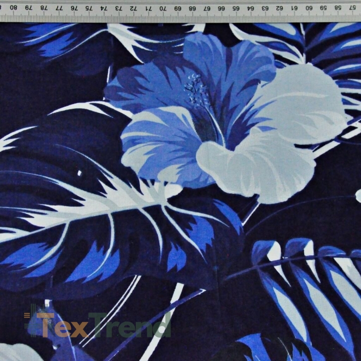 Baumwolle 100% Blätter mit Hibiskusblüte blau auf marineblauem Hintergrund  