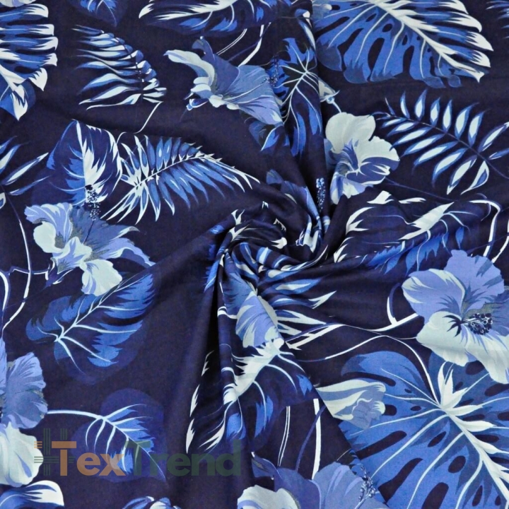 Baumwolle 100% Blätter mit Hibiskusblüte blau auf marineblauem Hintergrund  