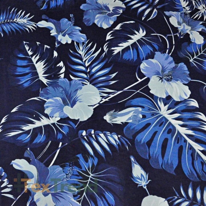 Baumwolle 100% Blätter mit Hibiskusblüte blau auf marineblauem Hintergrund  