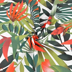 Baumwolle 100% grün-rote Palmblätter auf weißem Hintergrund  