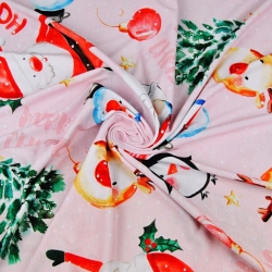 Jersey-Stoff digitaler Druck - weihnachtliche Weihnachtsmänner und Schneemänner auf rosa Hintergrund  