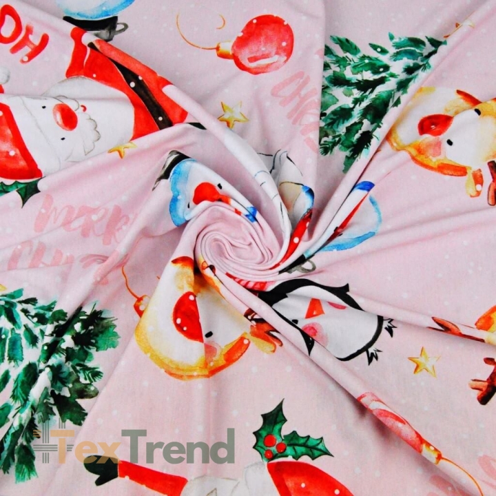 Jersey-Stoff digitaler Druck - weihnachtliche Weihnachtsmänner und Schneemänner auf rosa Hintergrund  