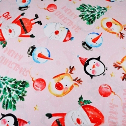 Jersey-Stoff digitaler Druck - weihnachtliche Weihnachtsmänner und Schneemänner auf rosa Hintergrund  